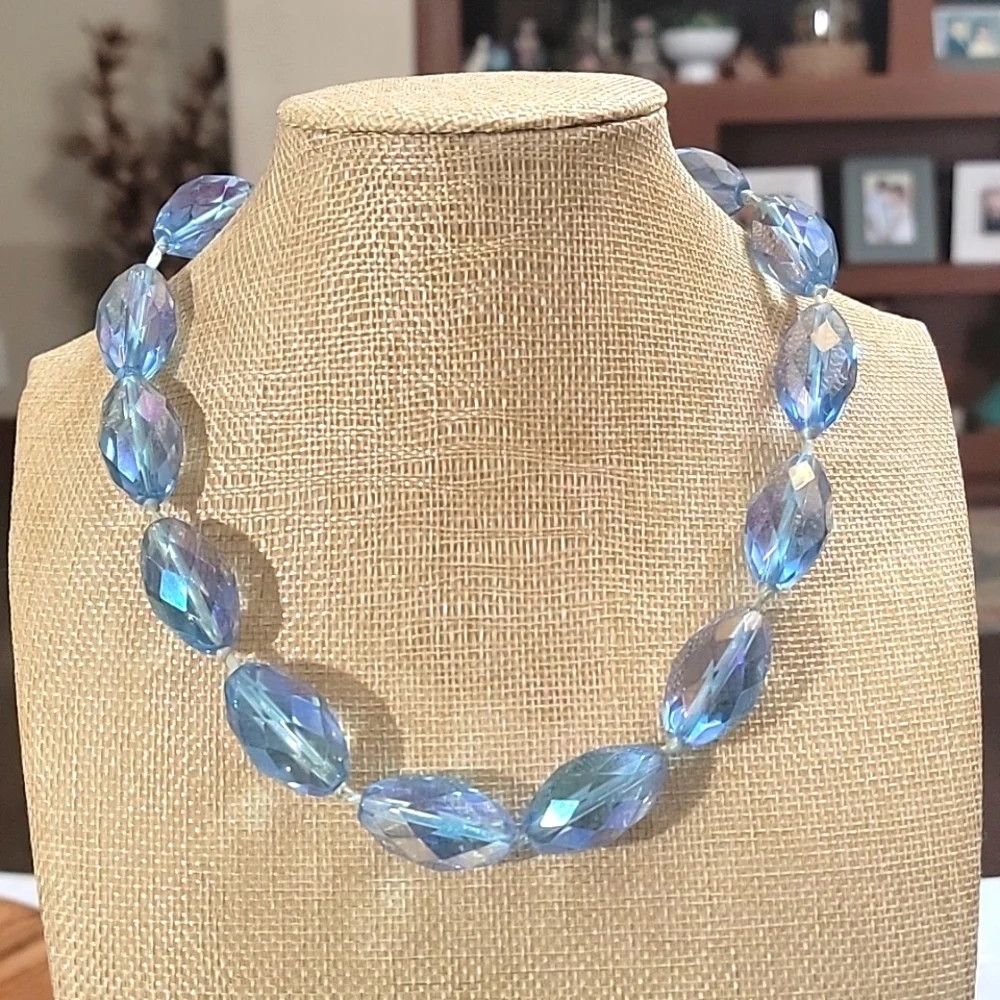 Ice Blue Faceted Crystal Aurora Borealis Chunky Necklace
